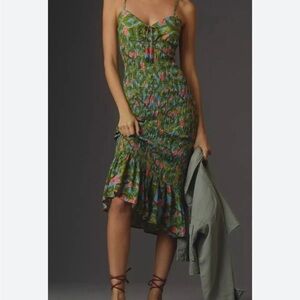 Anthropologie Green Floral High Low Dress